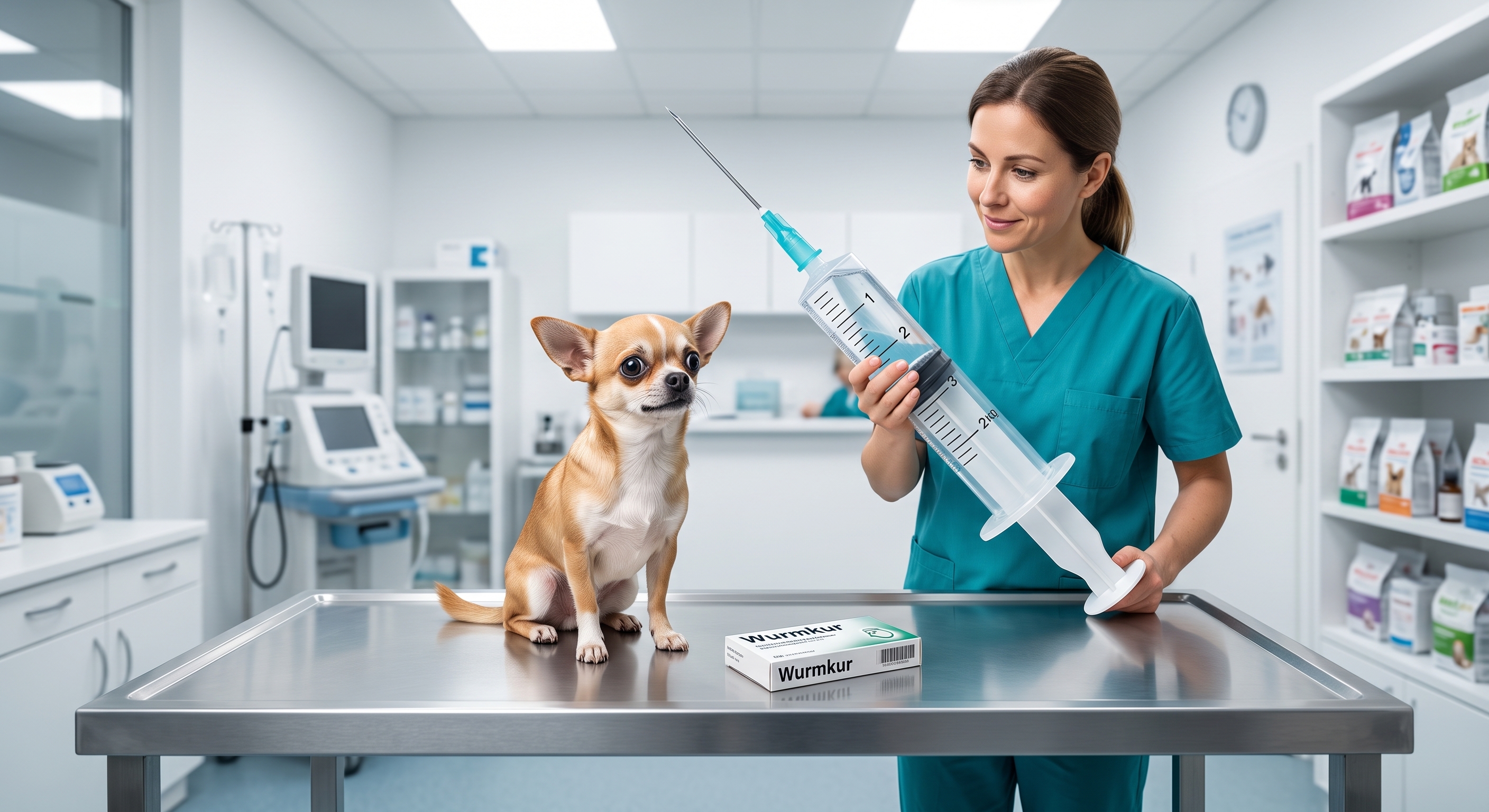 Kleiner Chihuahua auf dem Behandlungstisch neben einer überdimensionierten Spritze